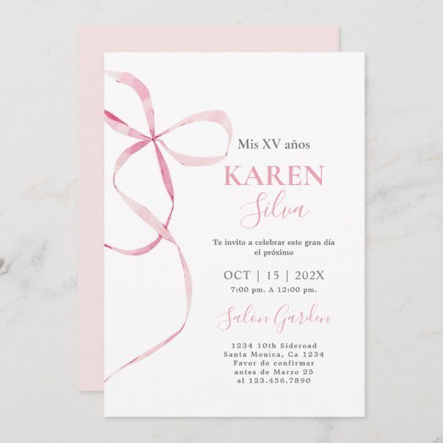 Pink Bow Quinceanera Invitation (Front/Back)