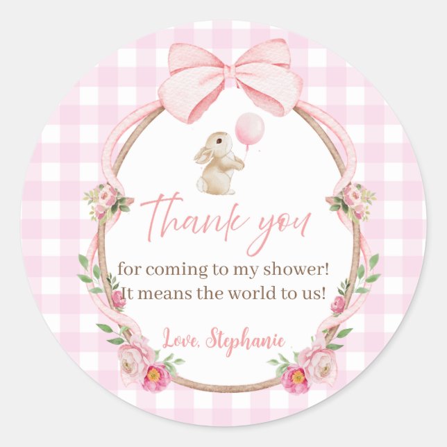 Pink Bow Rabbit  Thank you Classic Round Sticker (Front)