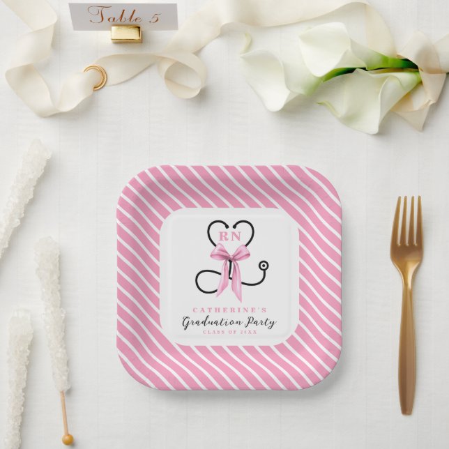 Pink Bow Registered Nurse Graduation Paper Plate (Wedding)