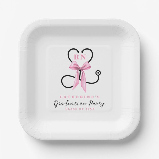 Pink Bow Registered Nurse Graduation Paper Plate (Front)