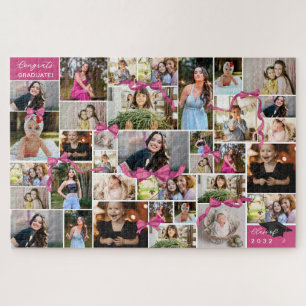 Pink Bow Repeated Photos Collage Congrats Gradute Jigsaw Puzzle