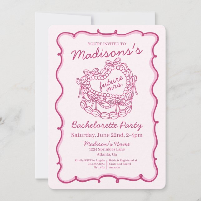 Pink Bow Retro Heart Coquette Cake Bachelorette Invitation (Front)