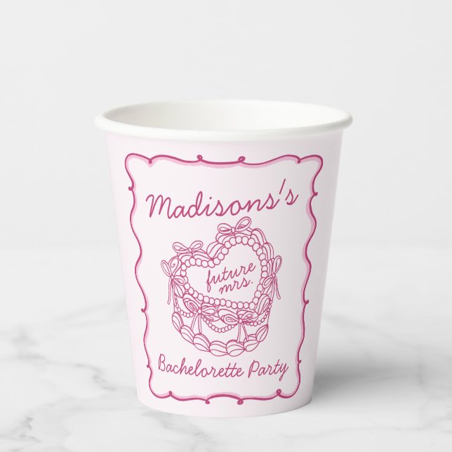 Pink Bow Retro Heart Coquette Cake Bachelorette Paper Cups (Front)