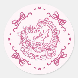 Pink Bow Retro Heart Coquette Cake Birthday Girl Classic Round Sticker