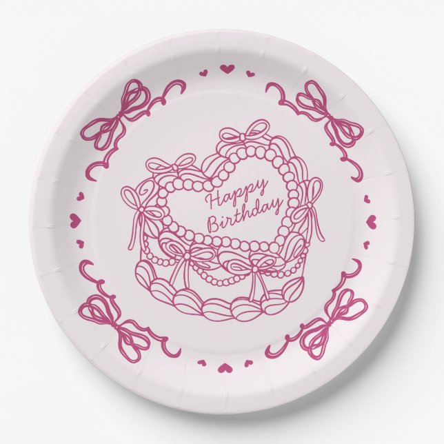 Pink Bow Retro Heart Coquette Cake Birthday Paper Plate (Front)