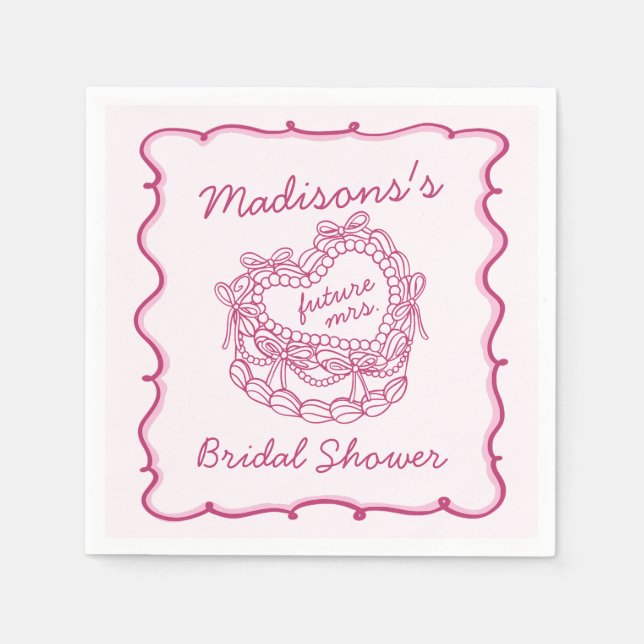 Pink Bow Retro Heart Coquette Cake Bridal Shower Napkin (Front)