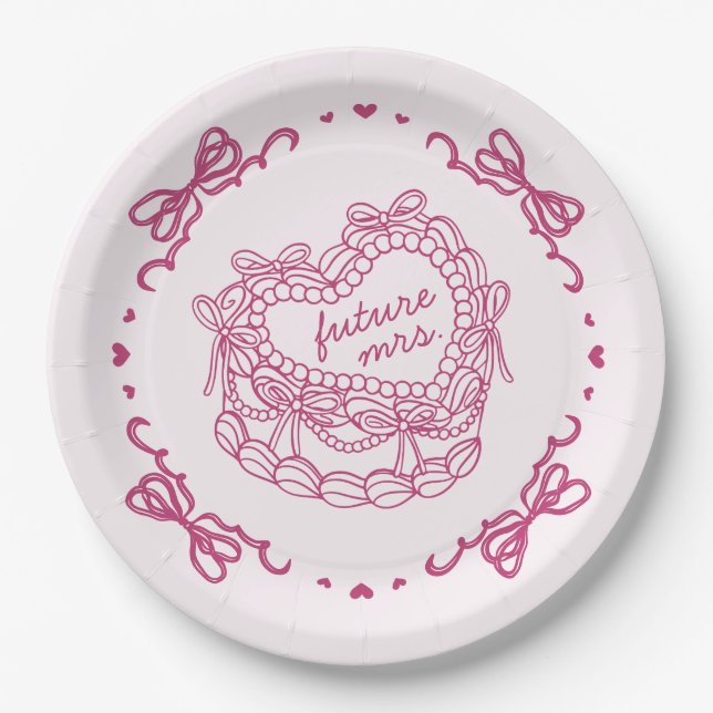 Pink Bow Retro Heart Coquette Cake Bridal Shower Paper Plate (Front)