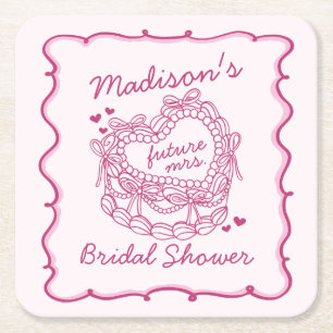 Pink Bow Retro Heart Coquette Cake Bridal Shower Square Paper Coaster
