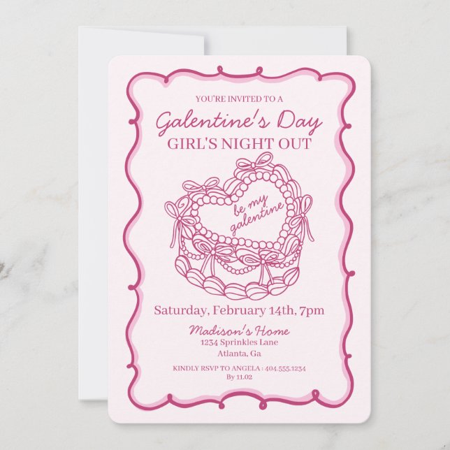 Pink Bow Retro Heart Coquette Cake Galentine Invitation (Front)