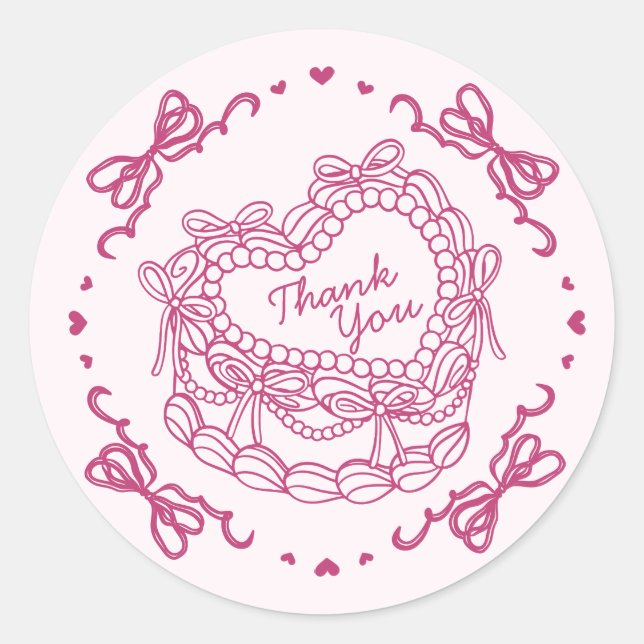 Pink Bow Retro Heart Coquette Cake Thank You Classic Round Sticker (Front)