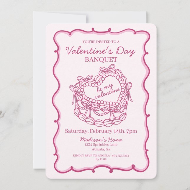 Pink Bow Retro Heart Coquette Cake Valentine Invitation (Front)