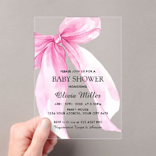 Pink Bow Ribbon Baby Shower Acrylic Invitations