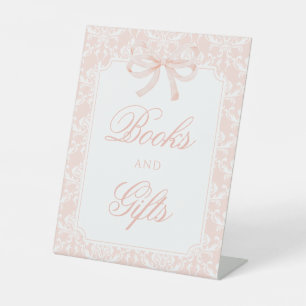 Pink bow ribbon baby shower Books and Gifts sign
