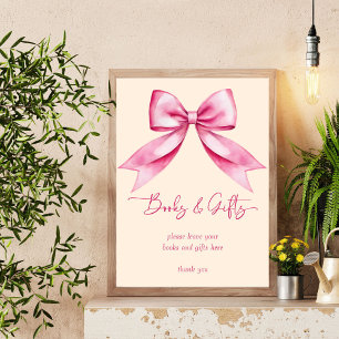 Pink bow ribbon baby shower books gifts sign
