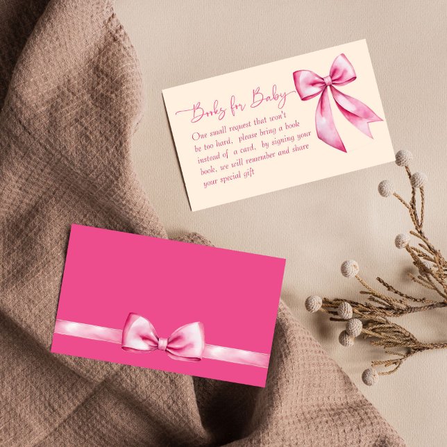 Pink bow ribbon baby shower cute books request enclosure card (Pink bow ribbon baby shower cute books request enclosure card cute whimsical ribbon books for baby)