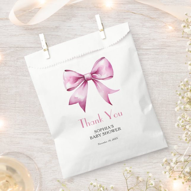 Pink Bow Ribbon Baby Shower Favour Bags (Clipped)