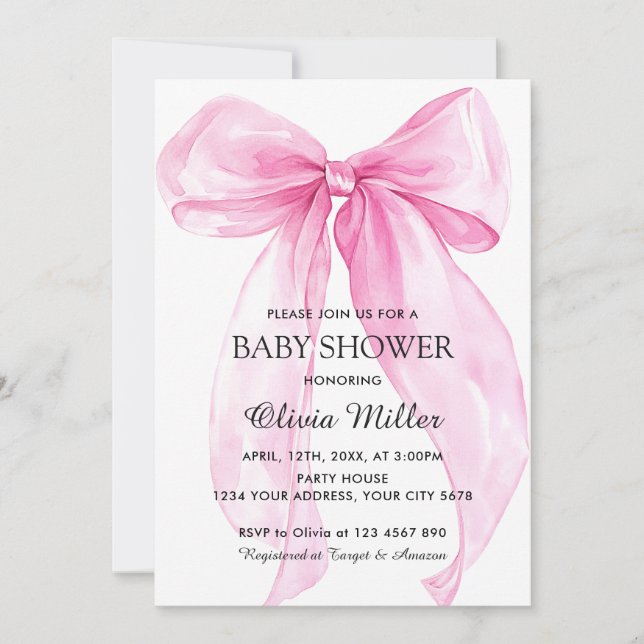Pink Bow Ribbon Baby Shower Invitation (Front)