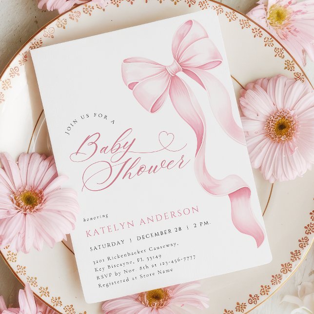 Pink Bow Ribbon Baby Shower Invitation (Creator Uploaded)