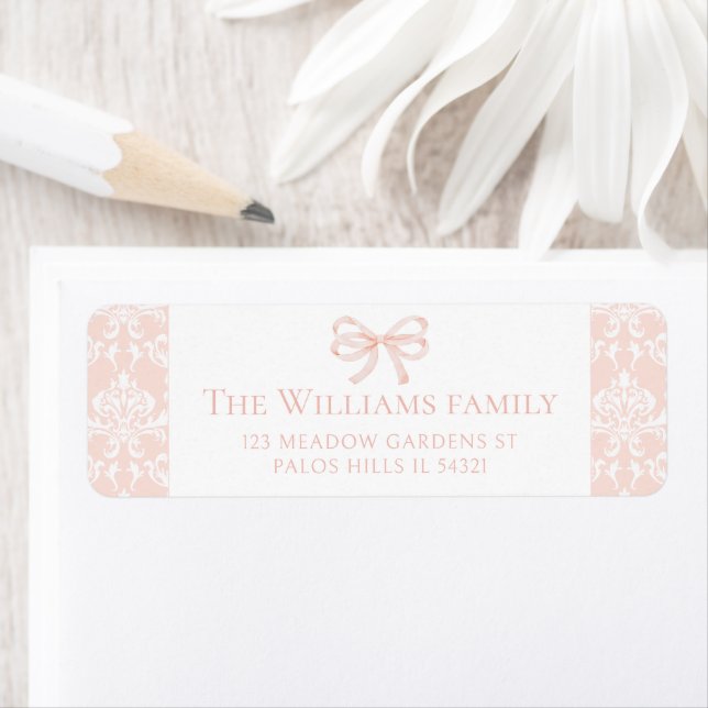 Pink bow ribbon baby shower return address labels (Insitu)