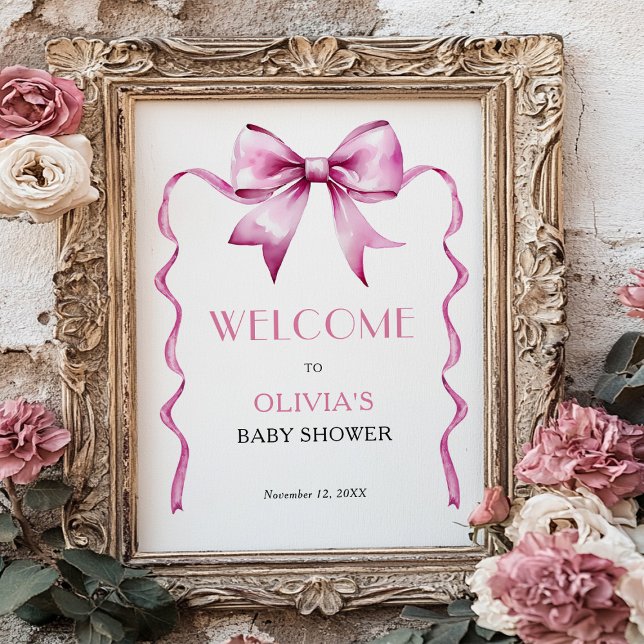 Pink Bow Ribbon Baby Shower Welcome  Poster (Creator Uploaded)