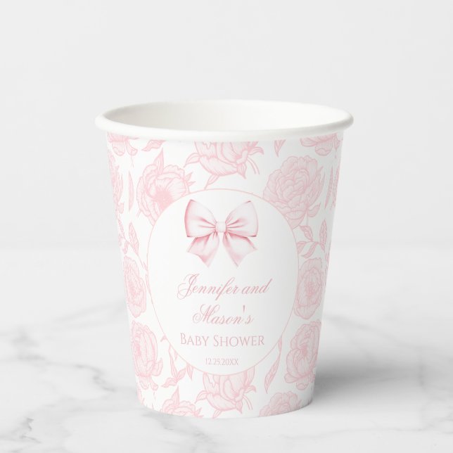 Pink bow ribbon boho baby girl shower paper cups (Front)