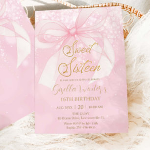 Pink Bow Ribbon Coquette Sweet 16 Sixteen Birthday Invitation