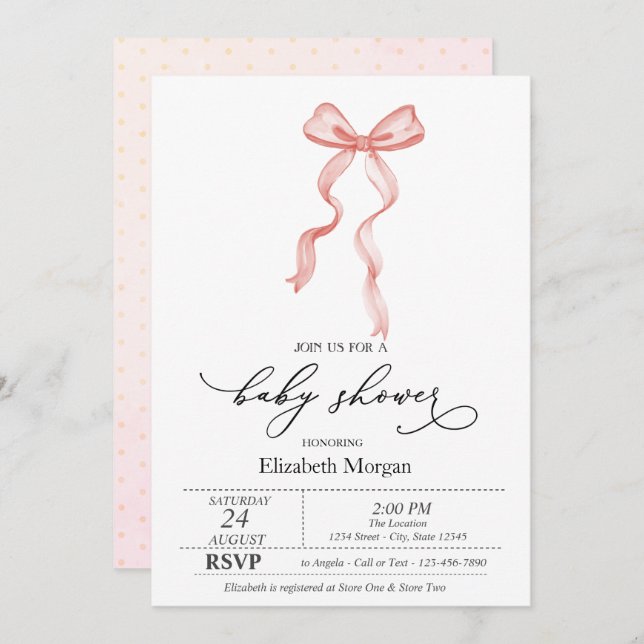 Pink Bow Ribbon Dots Baby Shower  Invitation (Front/Back)