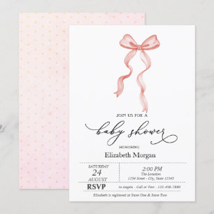 Pink Bow Ribbon Dots Baby Shower  Invitation