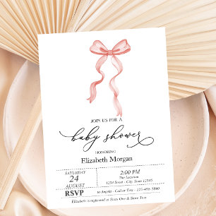 Pink Bow Ribbon Dots Baby Shower  Invitation