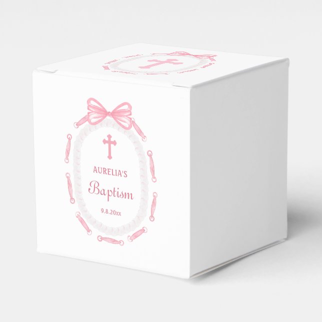 Pink Bow Ribbon Frame Baptism Cube Favour Box (Front Side)
