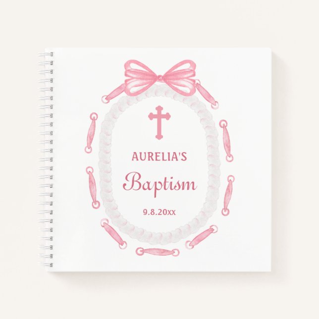 Pink Bow Ribbon Frame Baptism Guest Book (Front)