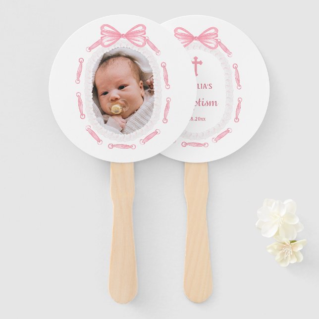 Pink Bow Ribbon Frame Baptism Hand Fan (Front and Back)