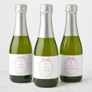 Pink Bow Ribbon Frame Baptism Sparkling Wine Label