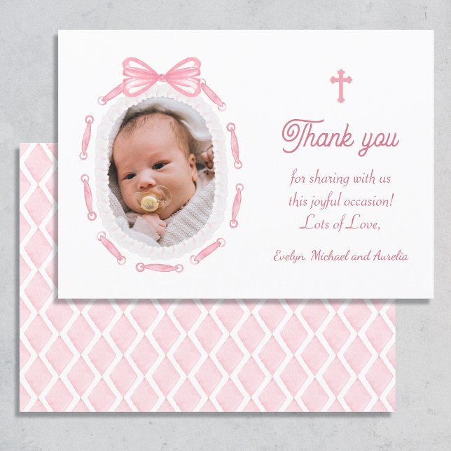 Pink Bow Ribbon Frame Baptism Thank You Card (Creator Uploaded)