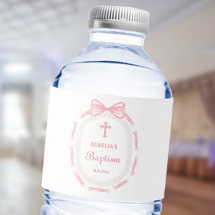 Pink Bow Ribbon Frame Baptism Water Bottle Label