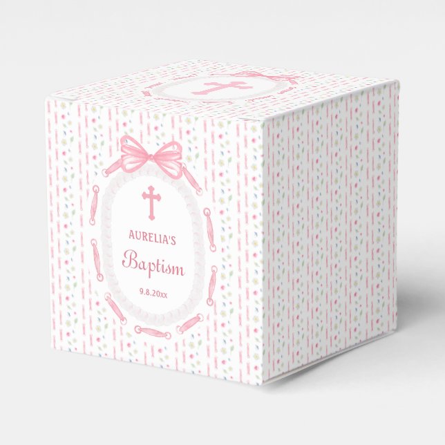Pink Bow Ribbon Frame Floral Baptism Cube Favour Box (Front Side)