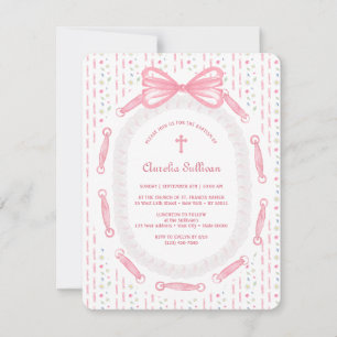Pink Bow Ribbon Frame Floral Baptism Invitation