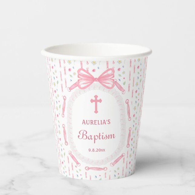 Pink Bow Ribbon Frame Floral Baptism Paper Cups (Front)