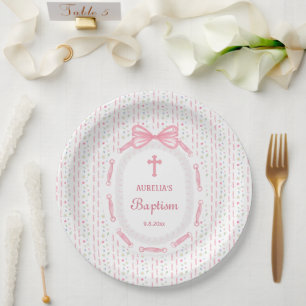 Pink Bow Ribbon Frame Floral Baptism Paper Plate