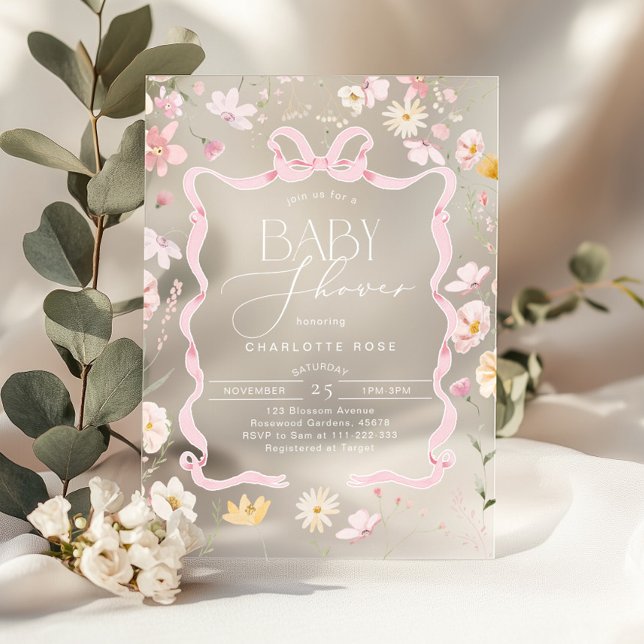 Pink Bow ribbon frame Wildflower Baby girl Shower  Acrylic Invitations (Creator Uploaded)