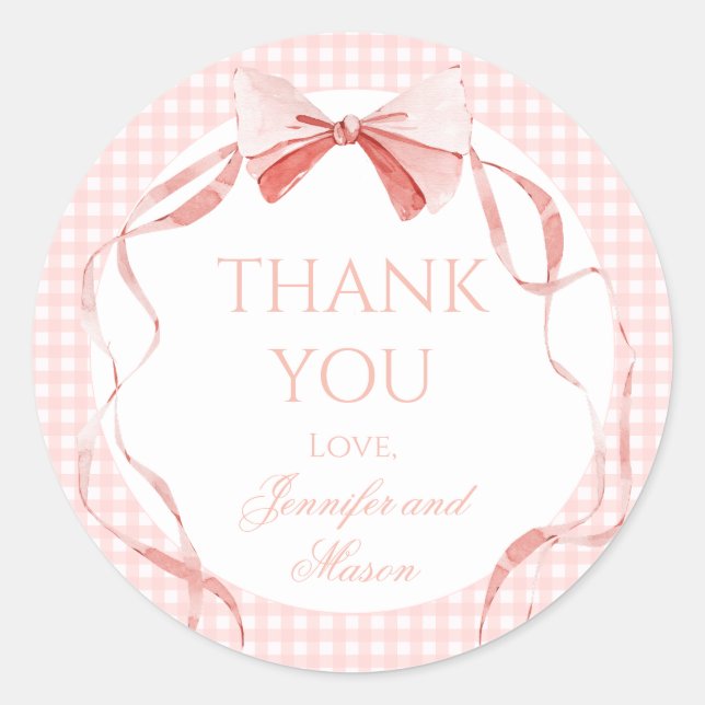 Pink bow ribbon gingham baby shower thank you classic round sticker (Front)