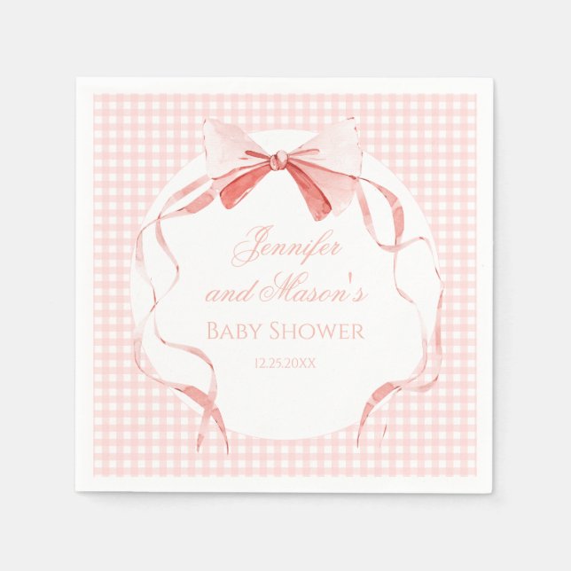 Pink bow ribbon gingham preppy baby girl shower napkin (Front)