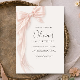 Pink Bow Ribbon Girl's 1st Birthday Invitation