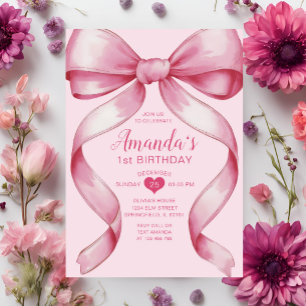 Pink Bow Ribbon Minimalist Girl's Birthday Invitation