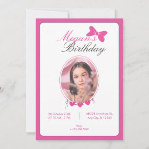 Pink bow ribbon photo birthday invitation