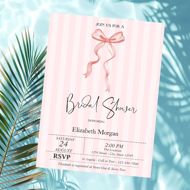 Pink Bow Ribbon Pink Stripes Bridal Shower  Invitation (Creator Uploaded)