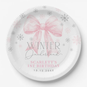 Pink Bow Ribbon Silver Winter Onederland Birthday Paper Plate