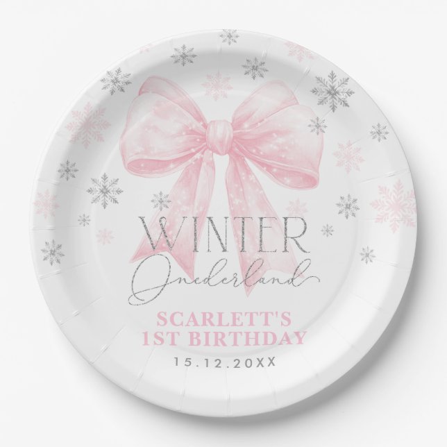 Pink Bow Ribbon Silver Winter Onederland Birthday Paper Plate (Front)