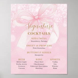 Pink Bow Ribbon Sweet 16 Signature Cocktails Menu Poster