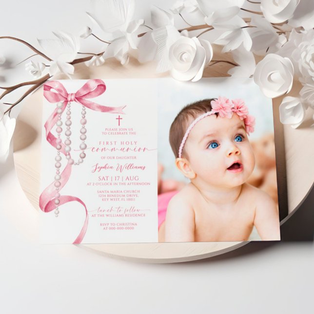 Pink Bow & Rosary Photo First Holy Communion Invitation (Creator Uploaded)